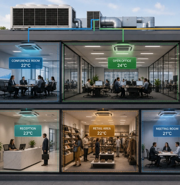 Commercial aircon zones across multiple rooms